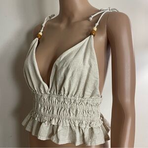 NWT Women's SIM & SAM Beige LINEN Blend BOHO HIPPIE Summer Festival HALTER TOP L
